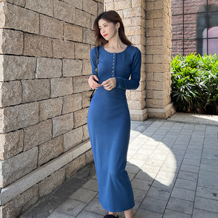 春季长袖打底连衣裙2024女装新款休闲百搭气质修身包臀裙显瘦长裙