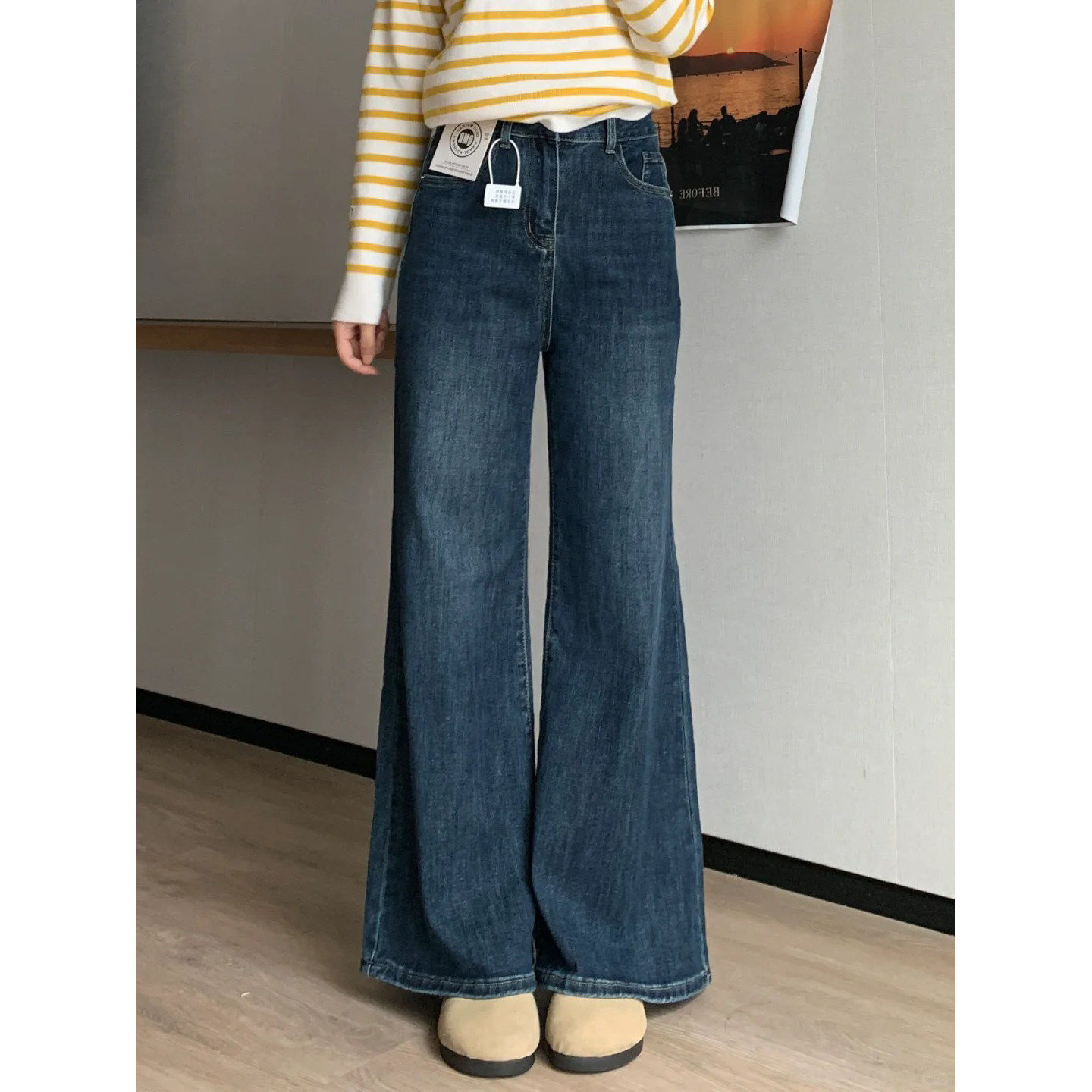 小个子微喇叭裤女冬季加绒九分牛仔裤大尺码胖mm宽松不贴腿直筒喇