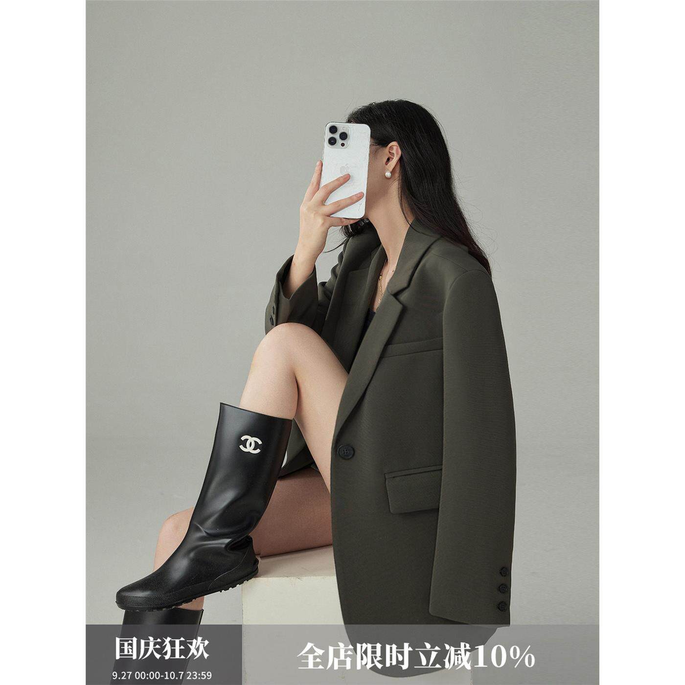 娅可家 伦敦旧忆2.0 橄榄灰气质西装外套女春秋通勤休闲宽松西服