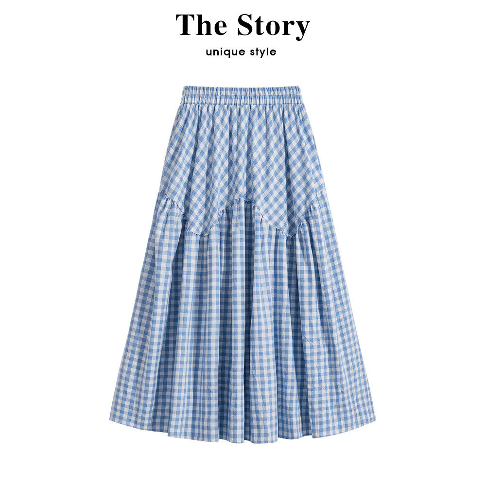 那些事衣橱覆古蓝色格子半身裙女2025夏季高腰百褶a字裙长裙伞裙