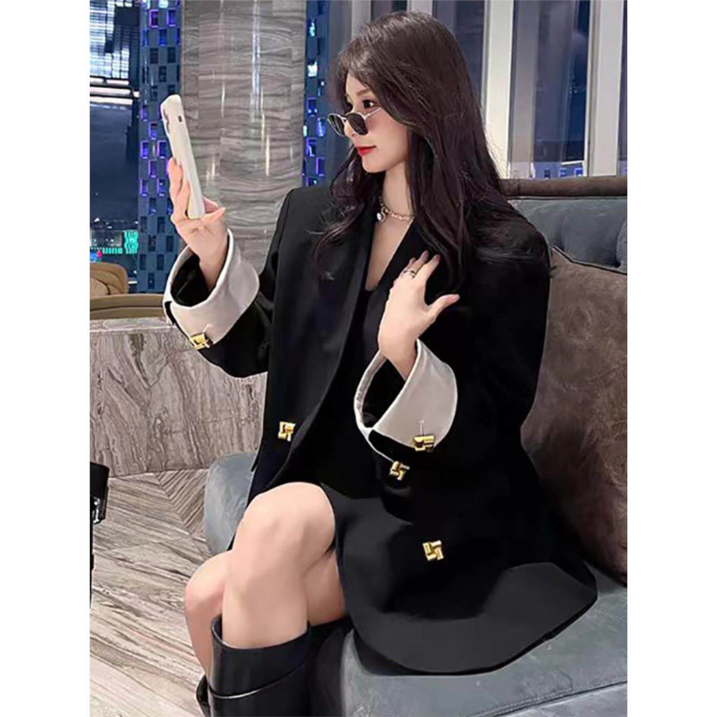 黑色女式西装外套2024春秋季高端今年流行的宽松优雅的工作服休闲