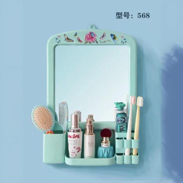 卫生间挂镜厕所家用浴室置物镜塑料化妆镜挂墙镜子妆梳免打孔老式