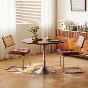 中古风实木岩板餐桌家用客厅小户型圆桌复古轻奢饭桌郁金香圆桌