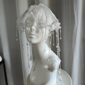 新款 个性 走秀T台流苏串珠帽子古风秀场水滴雨伞帽新娘梦幻头饰