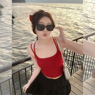 汤圆不圆红色吊带带胸垫女内搭小背心2025新款外穿海边穿搭上衣夏