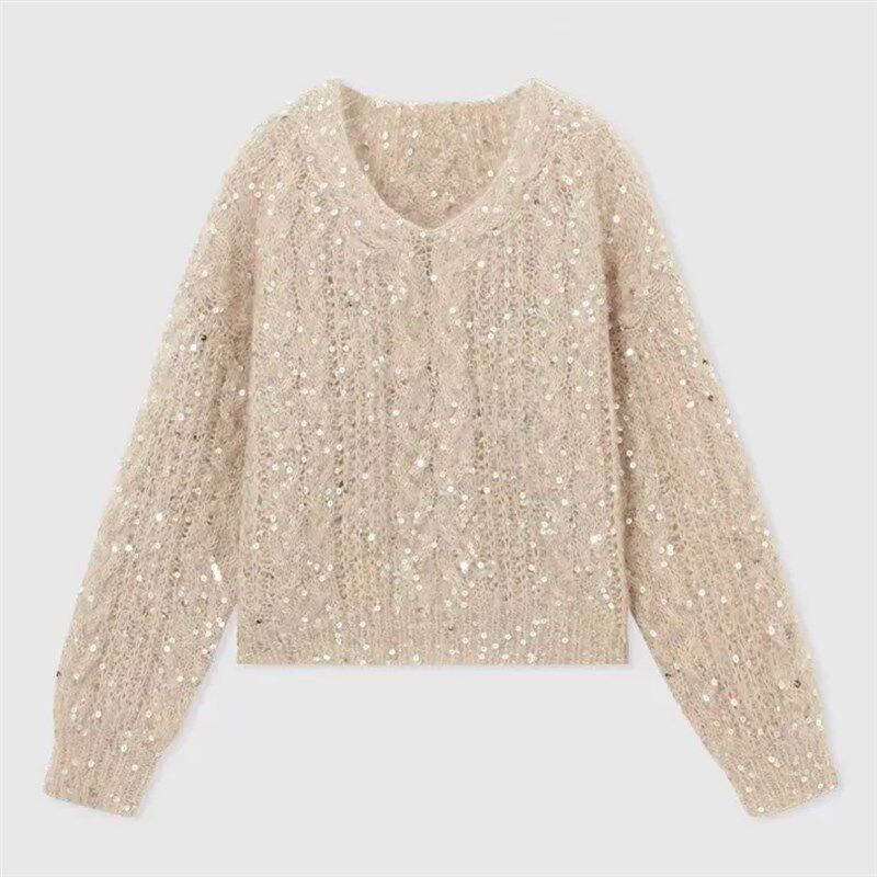 亮片麻花宽松套头短款毛衣女款内搭2024新款春季慵懒针织衫上衣