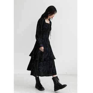 设计感小众气质雪纺长裙子 新款 法式 复古方领扎染连衣裙女2022秋季