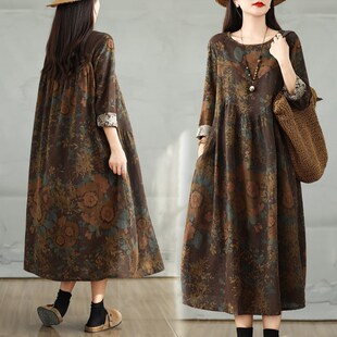 复古印花棉麻长袖 拼接高腰遮肚显瘦A字长裙 连衣裙女春秋宽松大码
