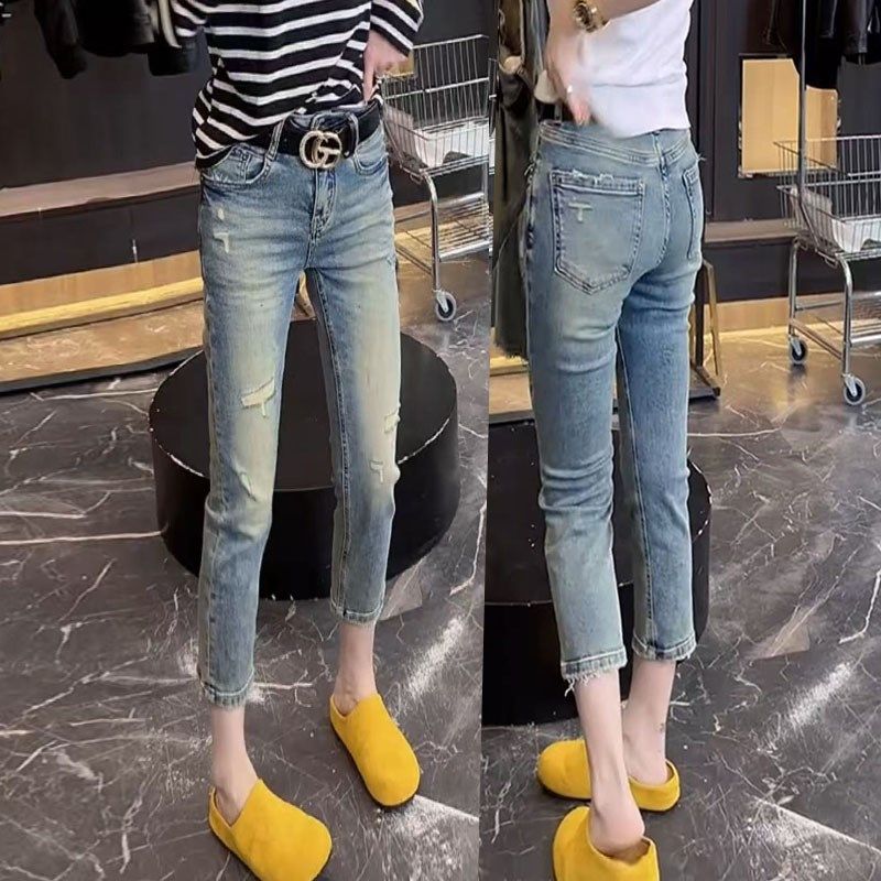2025夏季薄款大码高腰弹力破洞牛仔裤女胖mm裤子显瘦九分烟管裤女