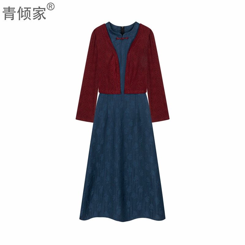 青倾家【知春晚】春装新款新中式套装披肩旗袍连衣裙两件套