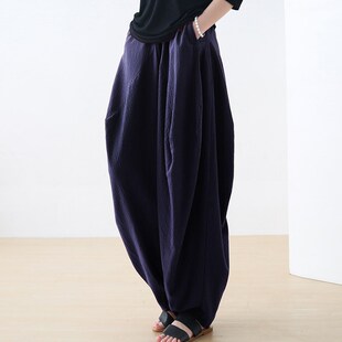复古阔腿棉麻休闲老爹裤 女高腰宽松哈伦大码 文艺灯笼裤 2025春季
