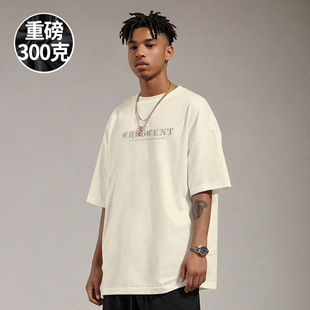 复古加肥加大短袖 夏季 t恤街头大码 杏色胖子半袖 男装 300g重磅美式