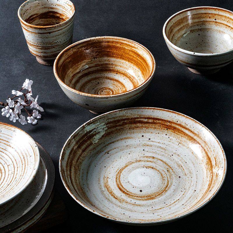 日式手工粗陶餐具套装复古陶瓷盘子平盘碟子家用米饭碗面碗汤碗,餐饮具,咖啡杯,淘宝优惠券,粉丝福利购,淘宝优惠卷