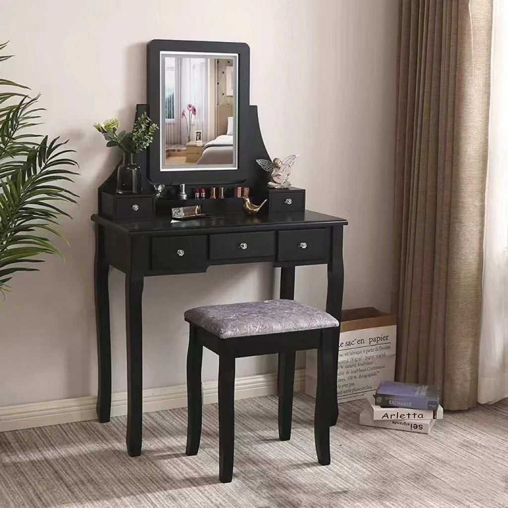 黑色中古风法式复古实木梳妆台带凳子深色梳妆台凳子卧室一体