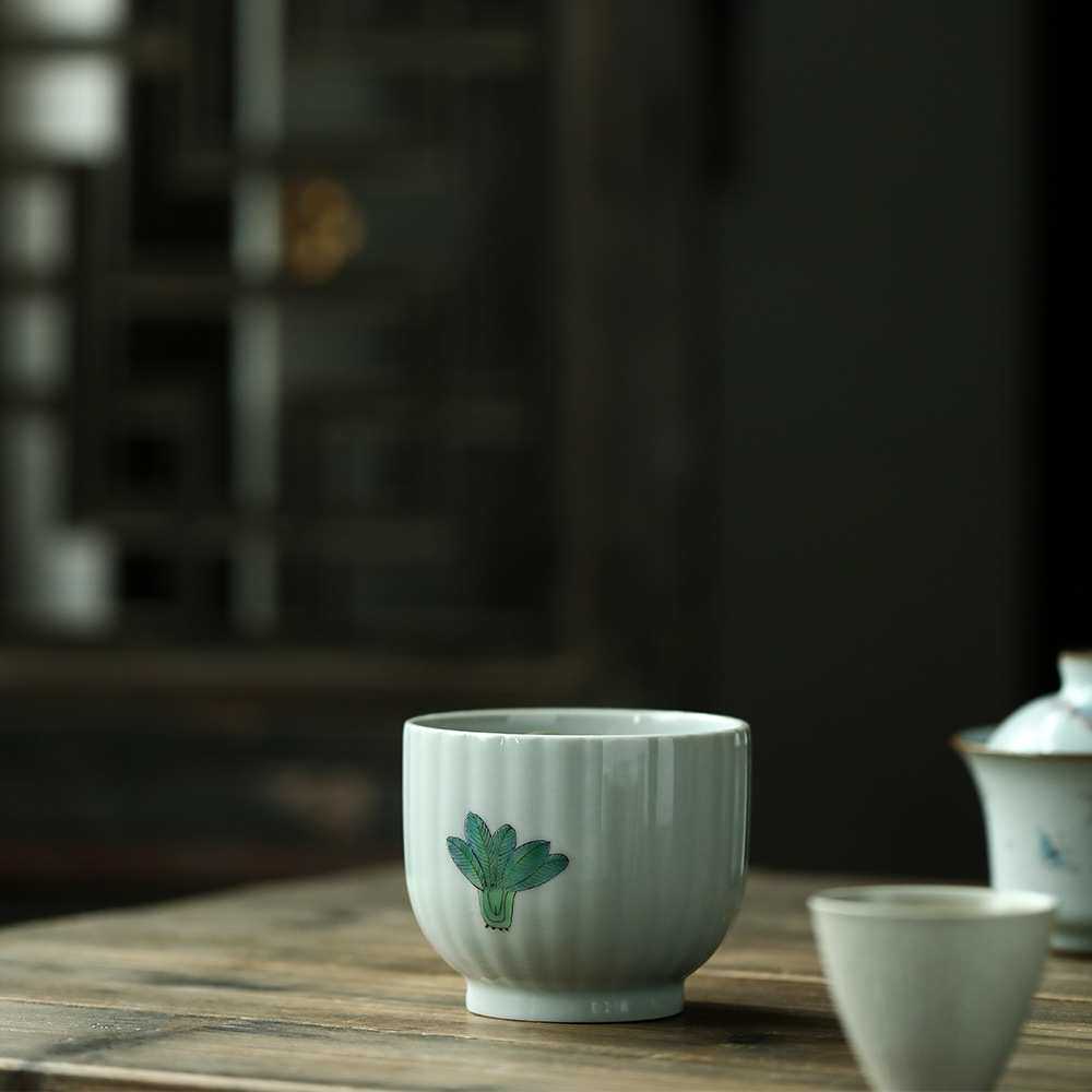 景德镇手绘粉彩白菜摆财陶瓷渣斗水盂建水茶渣缸手工茶具茶洗水洗