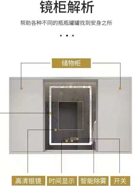 61K3实木推拉门风水镜隐藏式浴室镜柜卫生间梳妆挂墙式智能镜储物