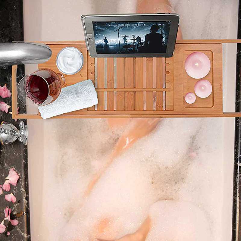 竹制浴缸收纳盒木制浴室托盘可拉伸阅读架平板支架手机托盘酒杯架,3C数码配件,USB灯,淘宝优惠券,粉丝福利购,淘宝优惠卷
