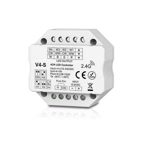 V4-D 12-24V RGBW/RGB/双?温/调光4通道频率可调导轨式 RF控制器