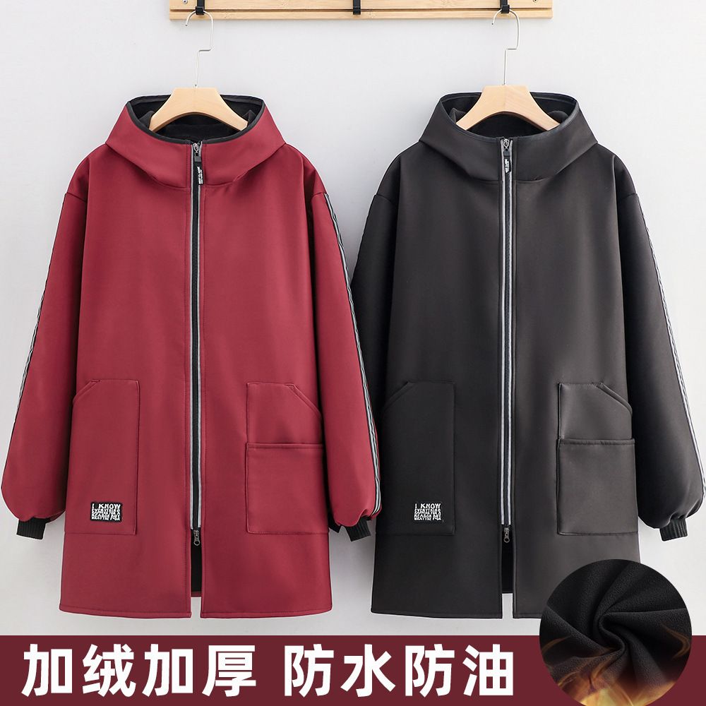 秋冬摇粒绒加厚保暖罩衣工作服厨房宽松连帽防风防水防油大褂