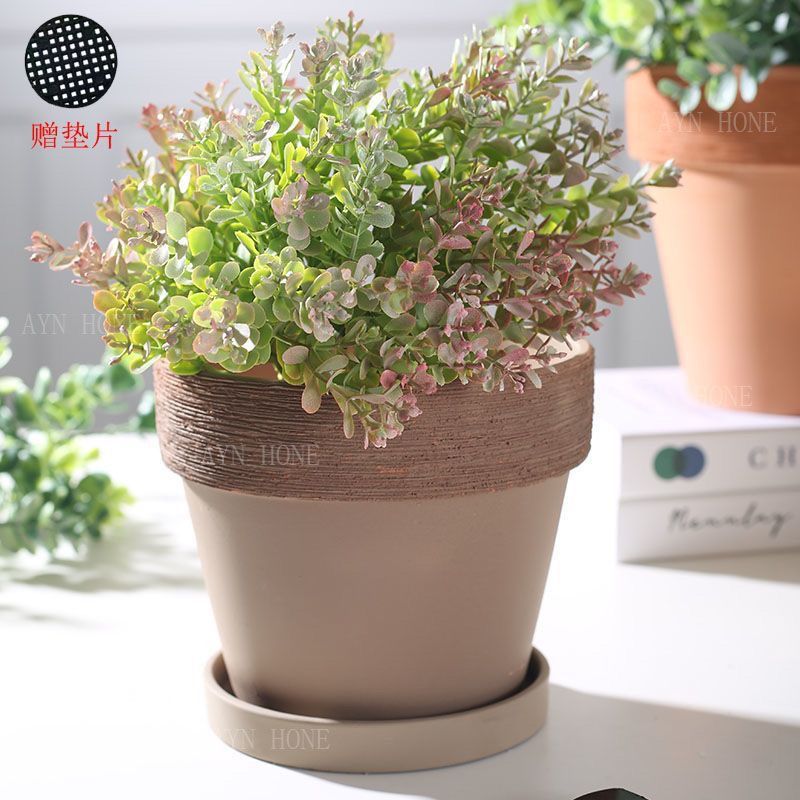简约拉丝红陶花盆素烧透气陶土复古做旧多肉植物粗陶陶瓷