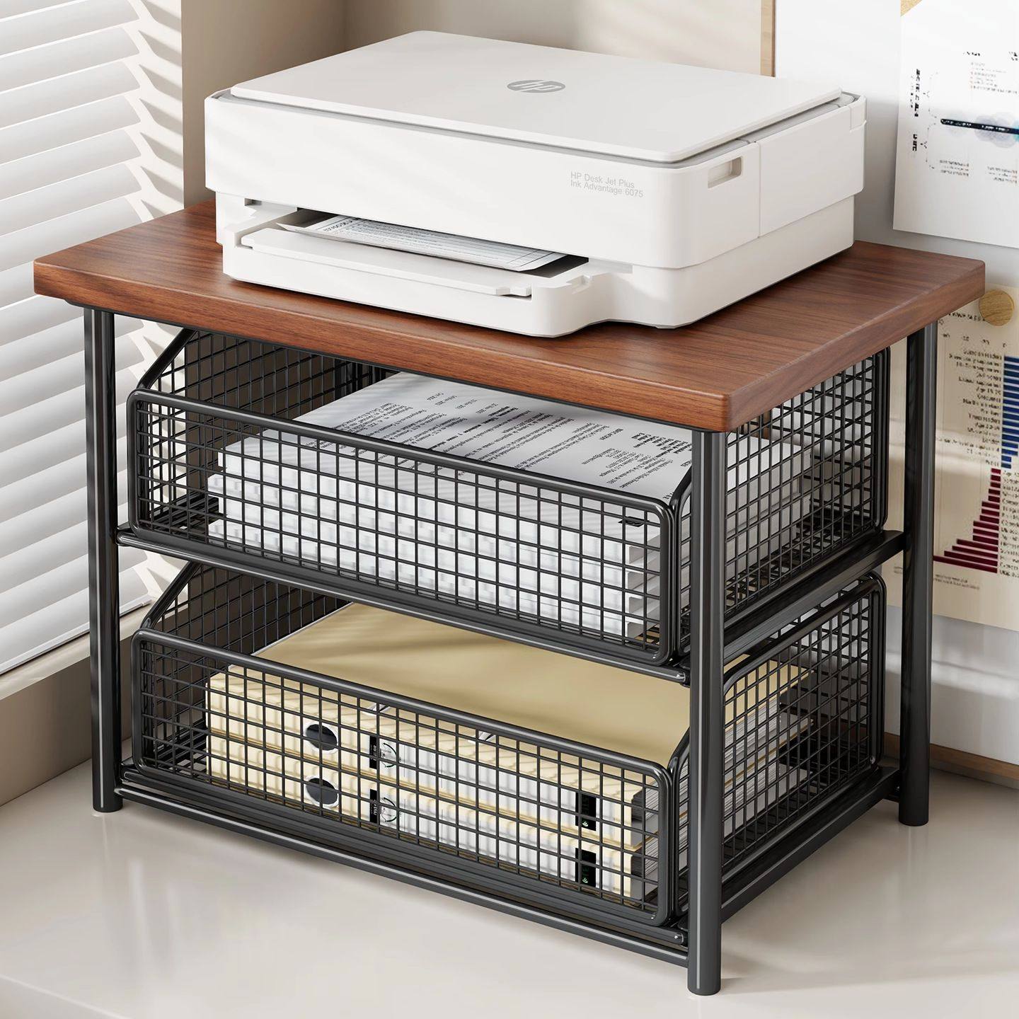 打印机置物架办公室桌面小型双层复印机架子桌上台面带抽屉收纳架