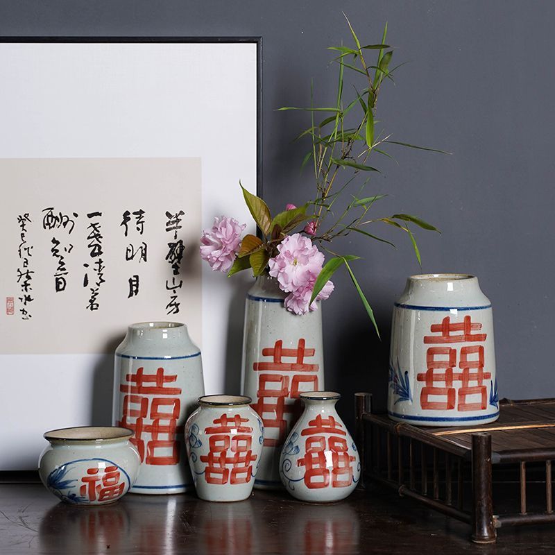 景德镇陶瓷手绘青花喜字花瓶手工花器喜庆家居小摆件中式复古水培