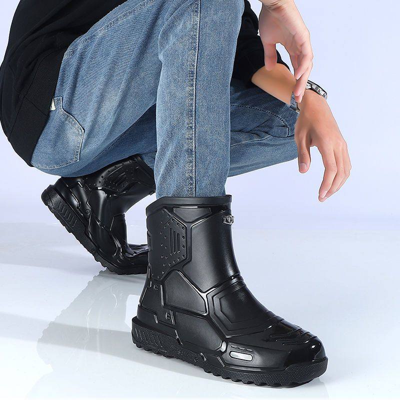 时尚黑色雨鞋男款防滑耐磨靴保暖长筒加厚防水鞋男士工地钓鱼靴子