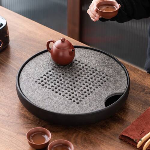 乌金石干泡盘家用新中式沥水圆形陶瓷功夫茶具托盘简约蓄水小茶台