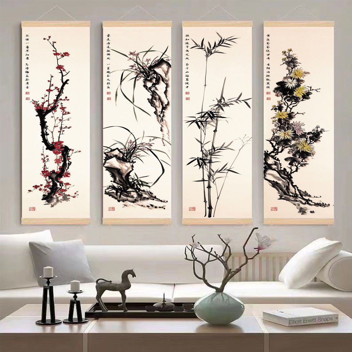 新中式梅兰竹菊客厅书房挂画装饰画山水画写意花鸟画国画四联