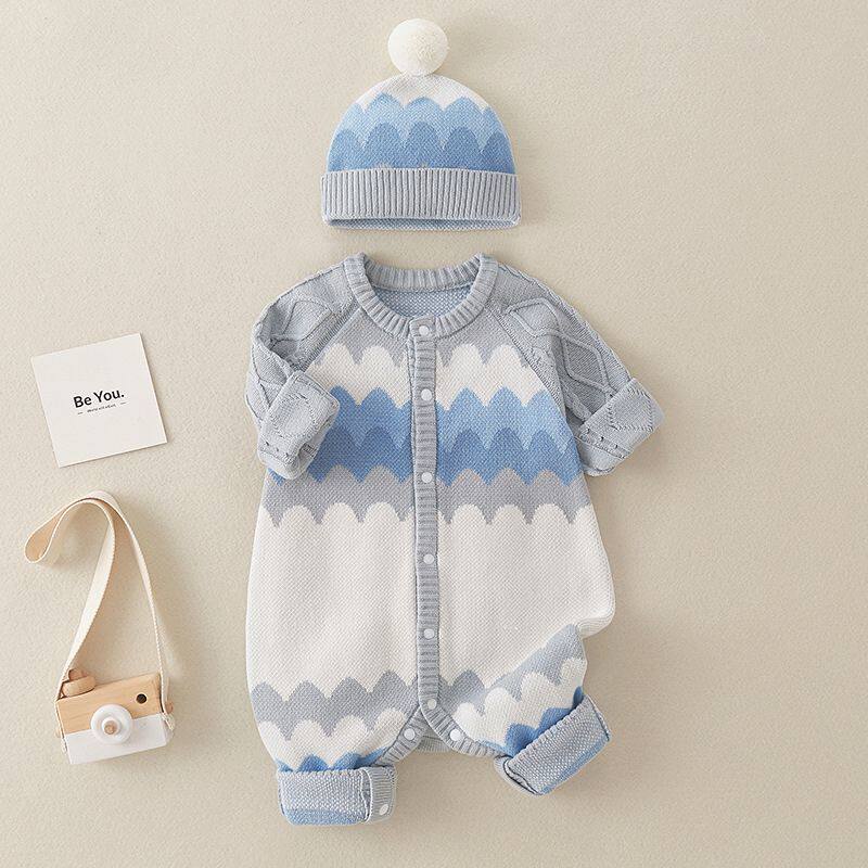 婴儿衣服春秋宝宝带帽新生儿长袖纯棉针织棉线连体衣毛衣秋冬爬服
