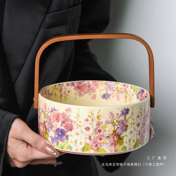 繁花似锦手提水果篮家用摆件提手果篮下午茶点心饼干干果盒糖果用
