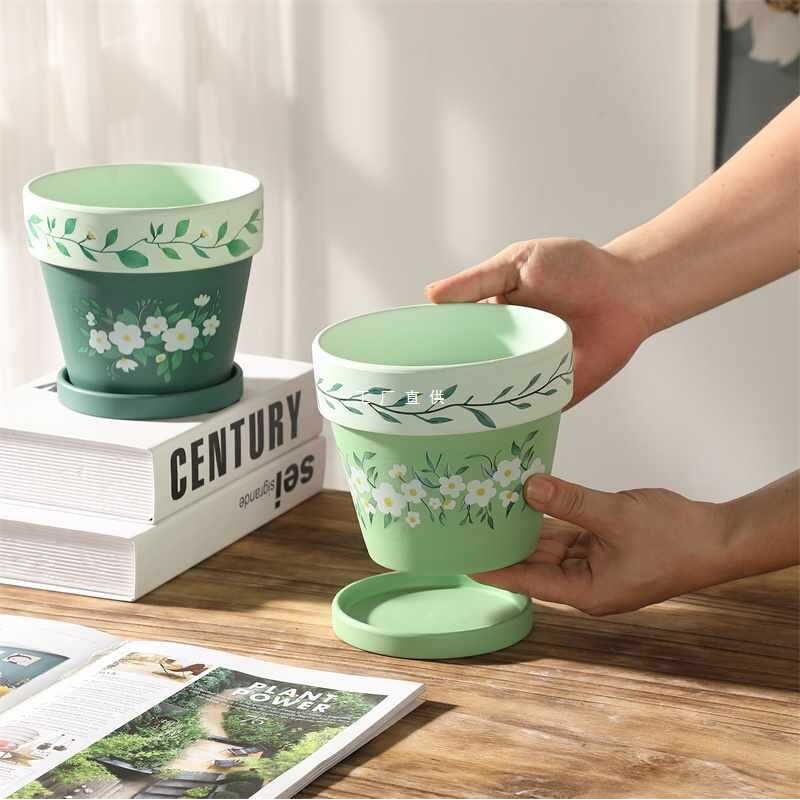 ?北欧轻奢仿手绘陶土花盆桌面绿植盆栽装饰朱顶红绿萝复古花
