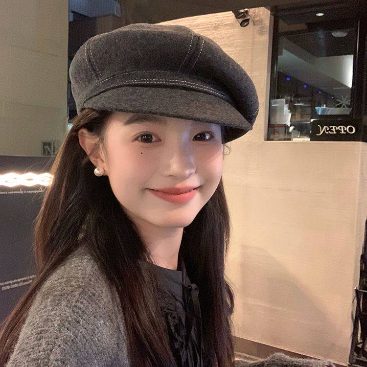 澳毛贝雷帽女2024秋冬款显脸小文艺百搭帽檐画家帽