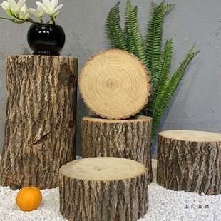 木墩 带树皮田园tian然树桩花架实木根雕香樟木原木摆件圆形