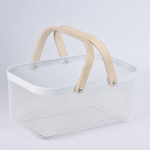 手提置物篮木手柄金属网篮 菜篮果篮收纳筐 瑞沙托铁篮子浴室家用