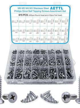 跨境815pcs304不锈钢沉头/盘头自攻钉套装十字平头自攻钉螺丝盒装