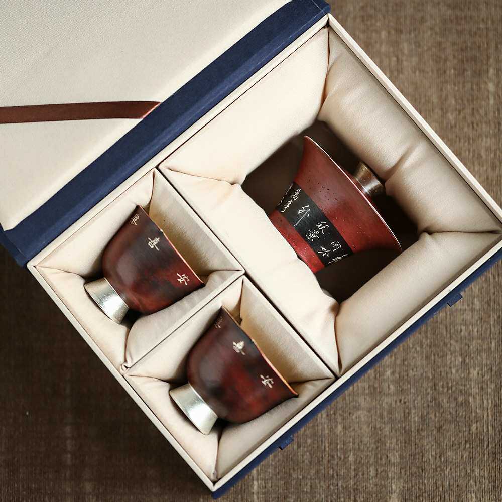 景德镇故宫红鎏银诗文茶器陶艺家系列茶杯仿古品茗杯文人盖碗套装