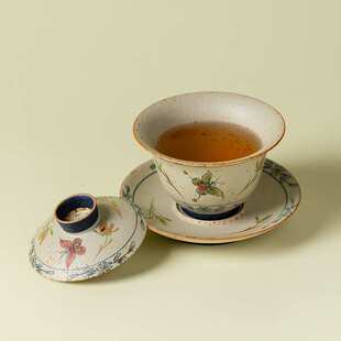 青花火石红纯手绘蝴蝶兰花圆满盖碗新中式陶瓷单人用陶瓷泡茶器