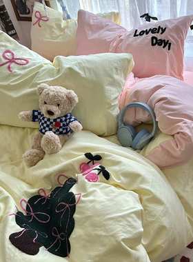 新款大版毛巾绣水洗棉四件套床单被套学生宿舍三件套床品 代发