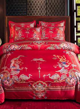 E4C婚庆四件套大红色结婚床单被套家纺加厚磨毛被子被罩冬季床上