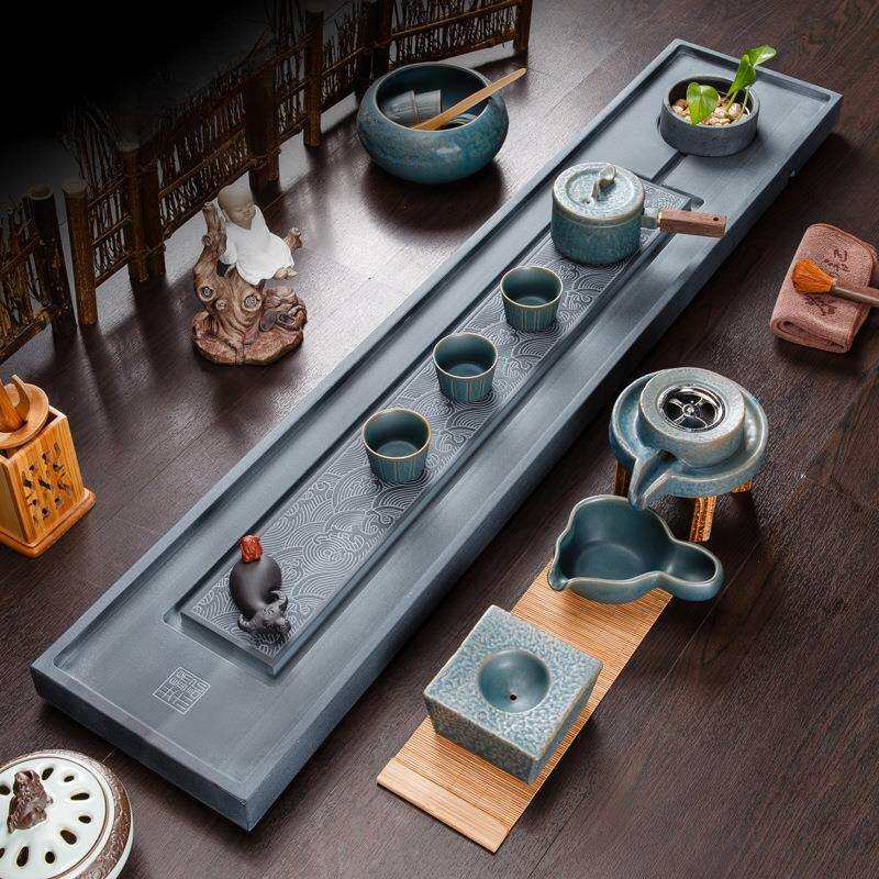 石盘石茶盘家用简约修长石头茶具托盘套装创意家具干泡茶台