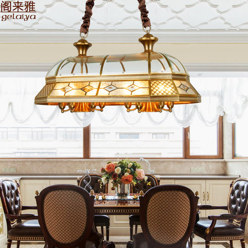 美式复式楼餐厅灯具长形艺术吊灯 欧式别墅饭厅灯吧台灯全铜吊灯