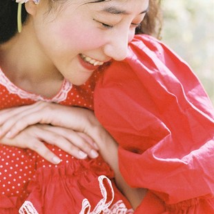 一九九二自制 北国之春红色圆点短袖裙 写真小波点灯笼袖连衣裙