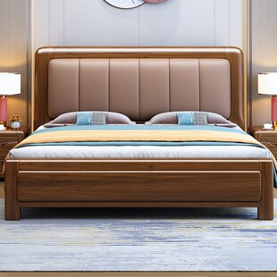 全实木床轻奢真皮软包1.8米双人大床1.5米现代简约主卧中式储物床
