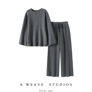 女毛衣针织休闲阔腿裤 圆领加厚100%纯羊绒衫 子 大阔袖 哇气质爆棚