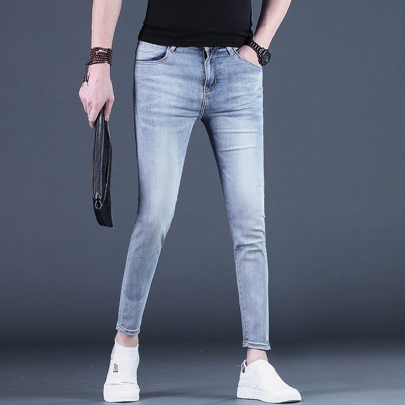 九分裤男士牛仔裤夏季浅蓝色潮流修身小脚9分休闲裤24新款男裤薄