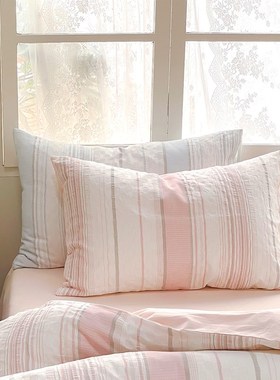 小清新高级感提花全棉枕套一对粉色蓝色条格家用成人单人枕头芯套