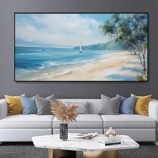 大芬村纯手绘油画现代简约大海沙滩风景客厅装饰画横版办公室挂画