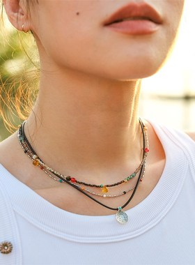 复古吊牌项链蓝松银吊坠皮绳项链迷你小吊坠九宫八卦牌叠戴颈链