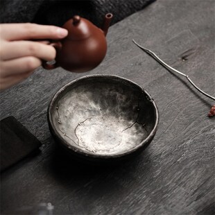 不亦室 麦小坤手作纯锡高边圆壶承 纯手工锻打虫蚀肌理锔铜钉壶承